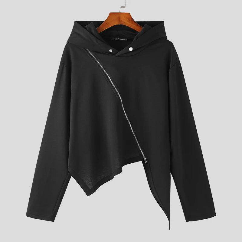Men Irregular Hoodies Solid Color Zipper Hooded - Givenco